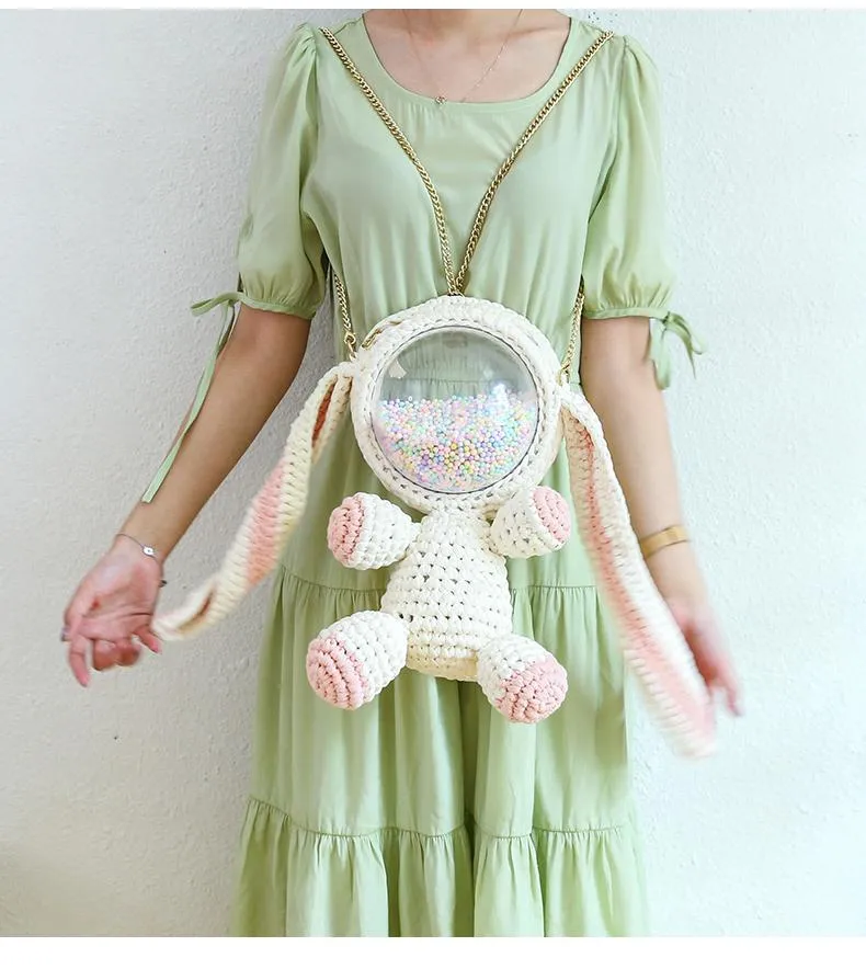 Cute Light Blue & White Crochet Bunny Backpack Rabbit Crochet Shoulder Bag for Girl Bunny Crochet Crossbody Purse
