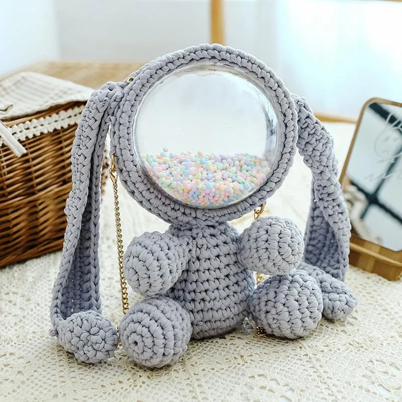Cute Light Blue & White Crochet Bunny Backpack Rabbit Crochet Shoulder Bag for Girl Bunny Crochet Crossbody Purse