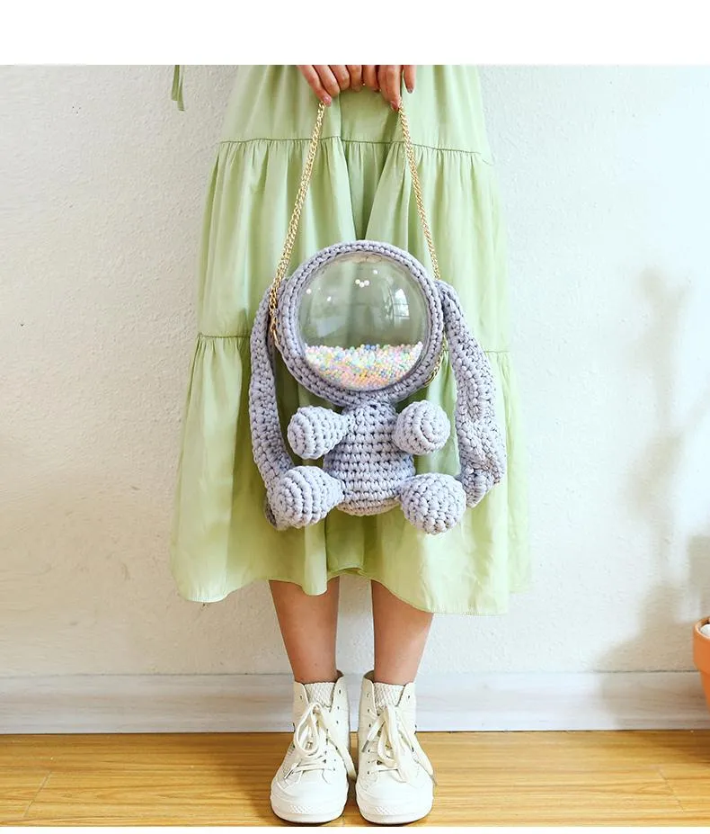 Cute Light Blue & White Crochet Bunny Backpack Rabbit Crochet Shoulder Bag for Girl Bunny Crochet Crossbody Purse