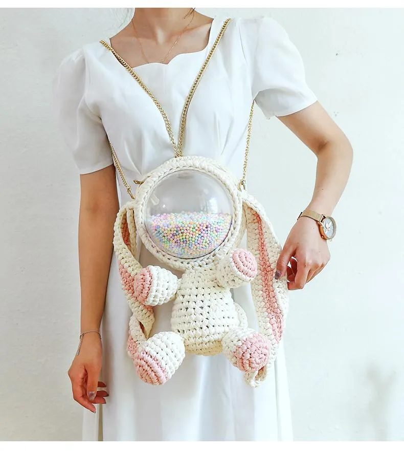 Cute Light Blue & White Crochet Bunny Backpack Rabbit Crochet Shoulder Bag for Girl Bunny Crochet Crossbody Purse