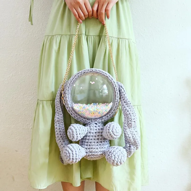Cute Light Blue & White Crochet Bunny Backpack Rabbit Crochet Shoulder Bag for Girl Bunny Crochet Crossbody Purse