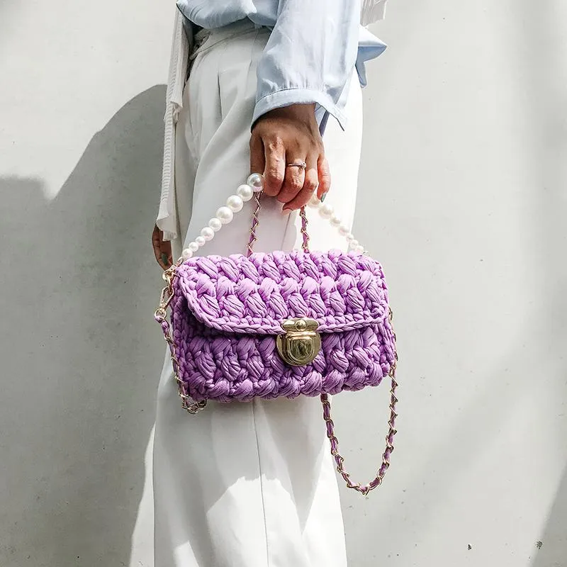 Cute Light Gray Crochet Small Handbag Crossbody Purse Crochet Shoulder Bag for Girl Cute Crochet Purses