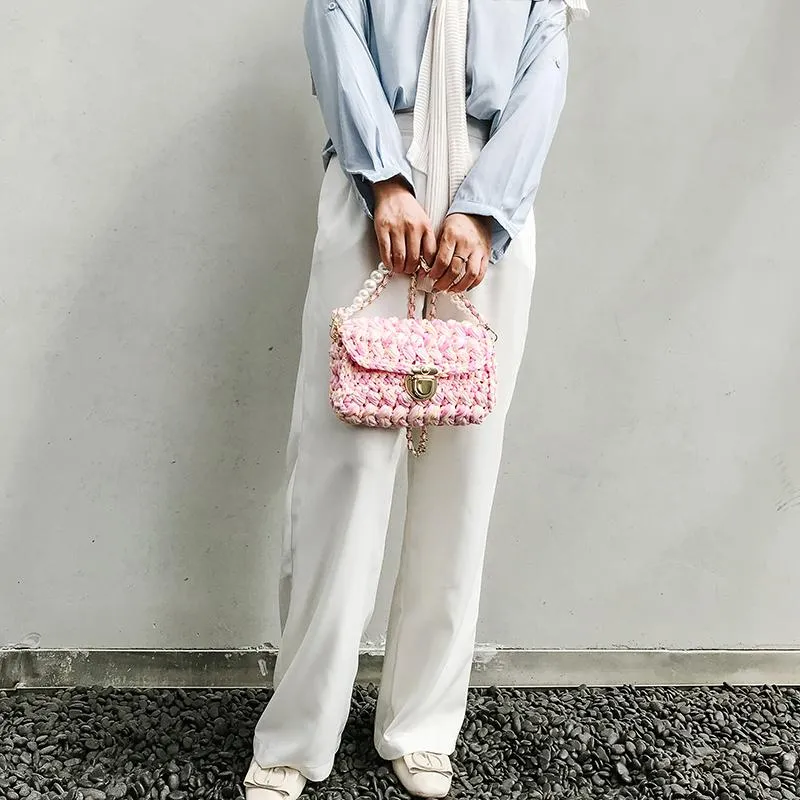Cute Light Gray Crochet Small Handbag Crossbody Purse Crochet Shoulder Bag for Girl Cute Crochet Purses