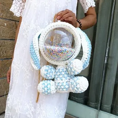 Cute Pink&Purple&Yellow Crochet Bunny Backpack Rabbit Crochet Shoulder Bag for Girl Bunny Crochet Crossbody Purse
