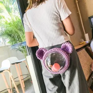 Cute Pink&Purple&Yellow with Bow Crochet Mouse Pink Backpack Mouse Crochet Shoulder Bag for Girl Pink Mouse Crochet Crossbody Purse