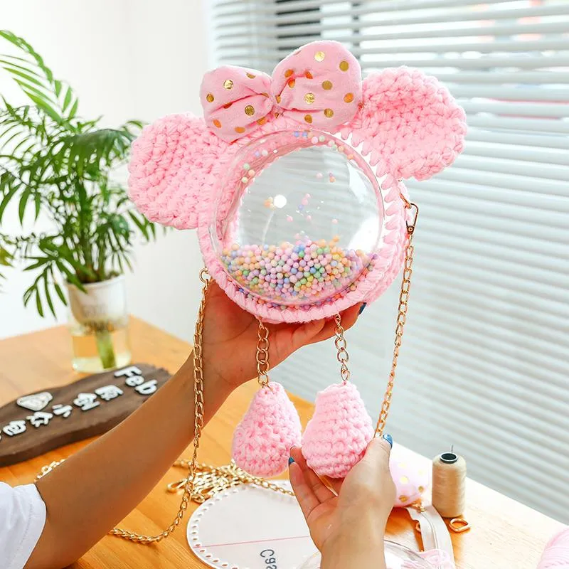 Cute Pink&Purple&Yellow with Bow Crochet Mouse Pink Backpack Mouse Crochet Shoulder Bag for Girl Pink Mouse Crochet Crossbody Purse