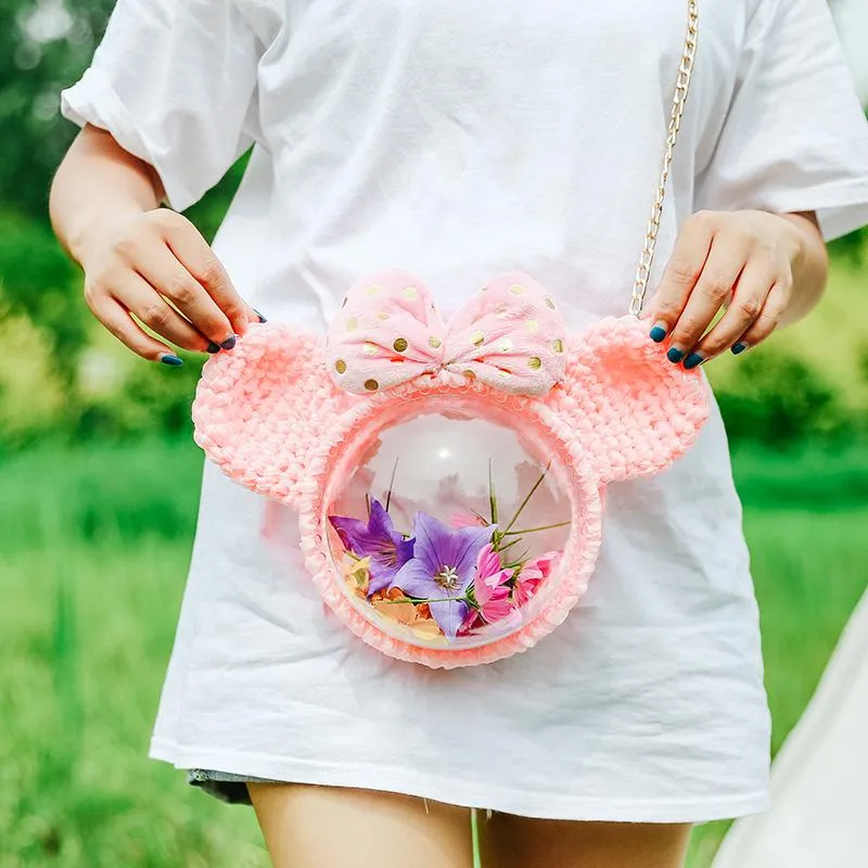 Cute Pink&Purple&Yellow with Bow Crochet Mouse Pink Backpack Mouse Crochet Shoulder Bag for Girl Pink Mouse Crochet Crossbody Purse