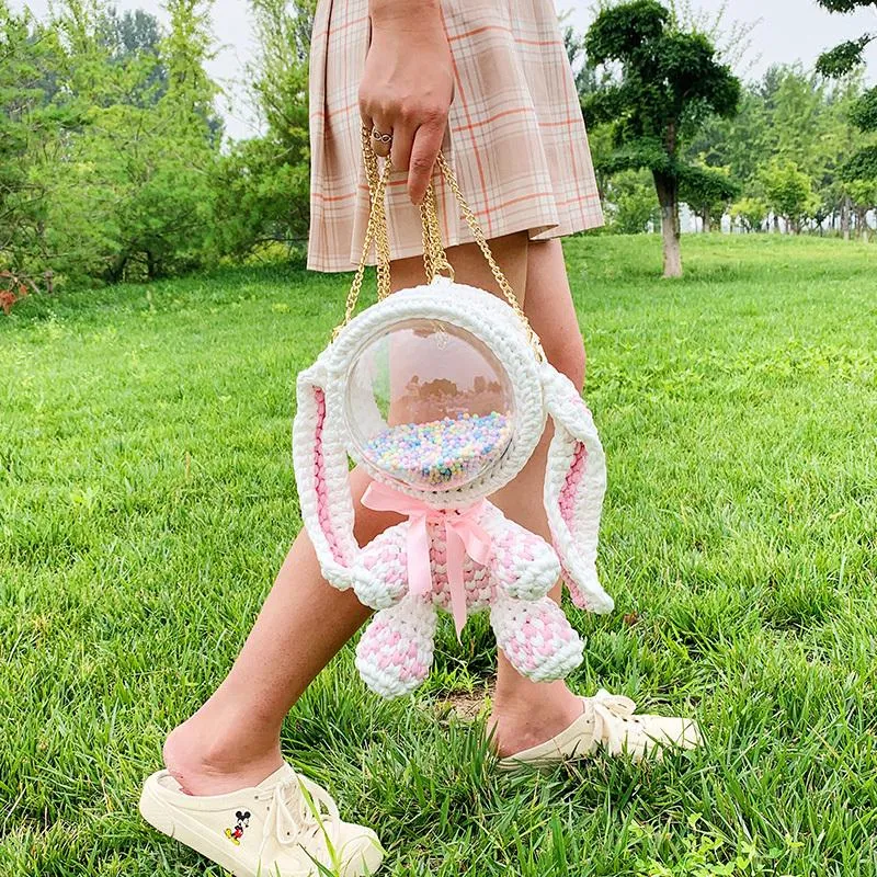 Cute White Crochet Bunny Backpack Rabbit Crochet Shoulder Bag for Girl Bunny Crochet Crossbody Purse