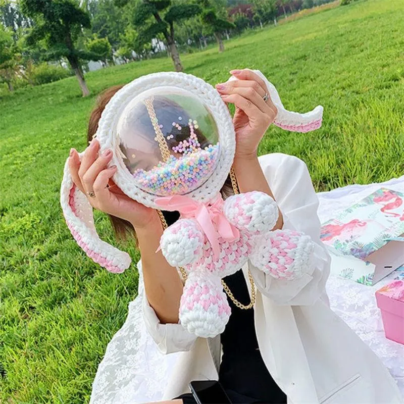 Cute White Crochet Bunny Backpack Rabbit Crochet Shoulder Bag for Girl Bunny Crochet Crossbody Purse