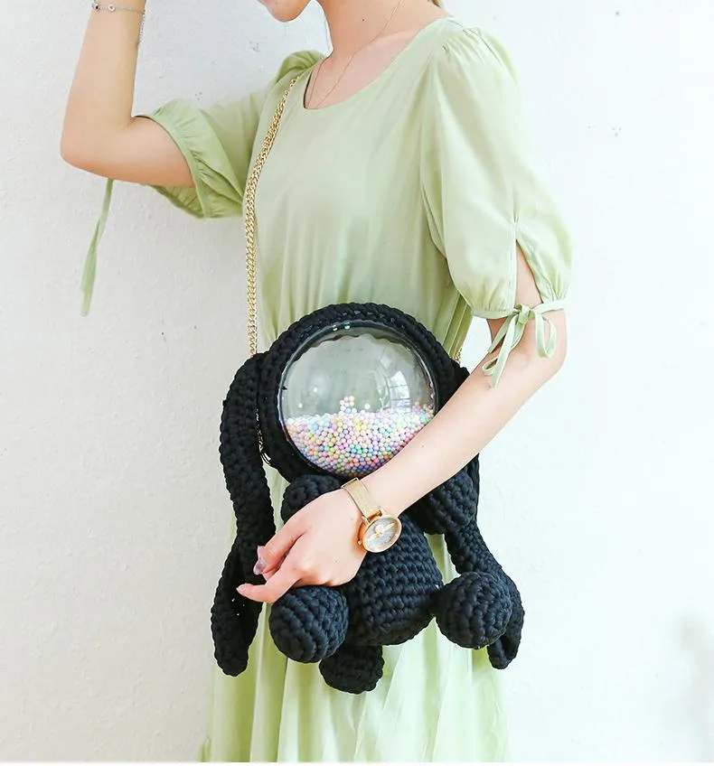 Cute White Crochet Bunny Backpack Rabbit Crochet Shoulder Bag for Girl Bunny Crochet Crossbody Purse