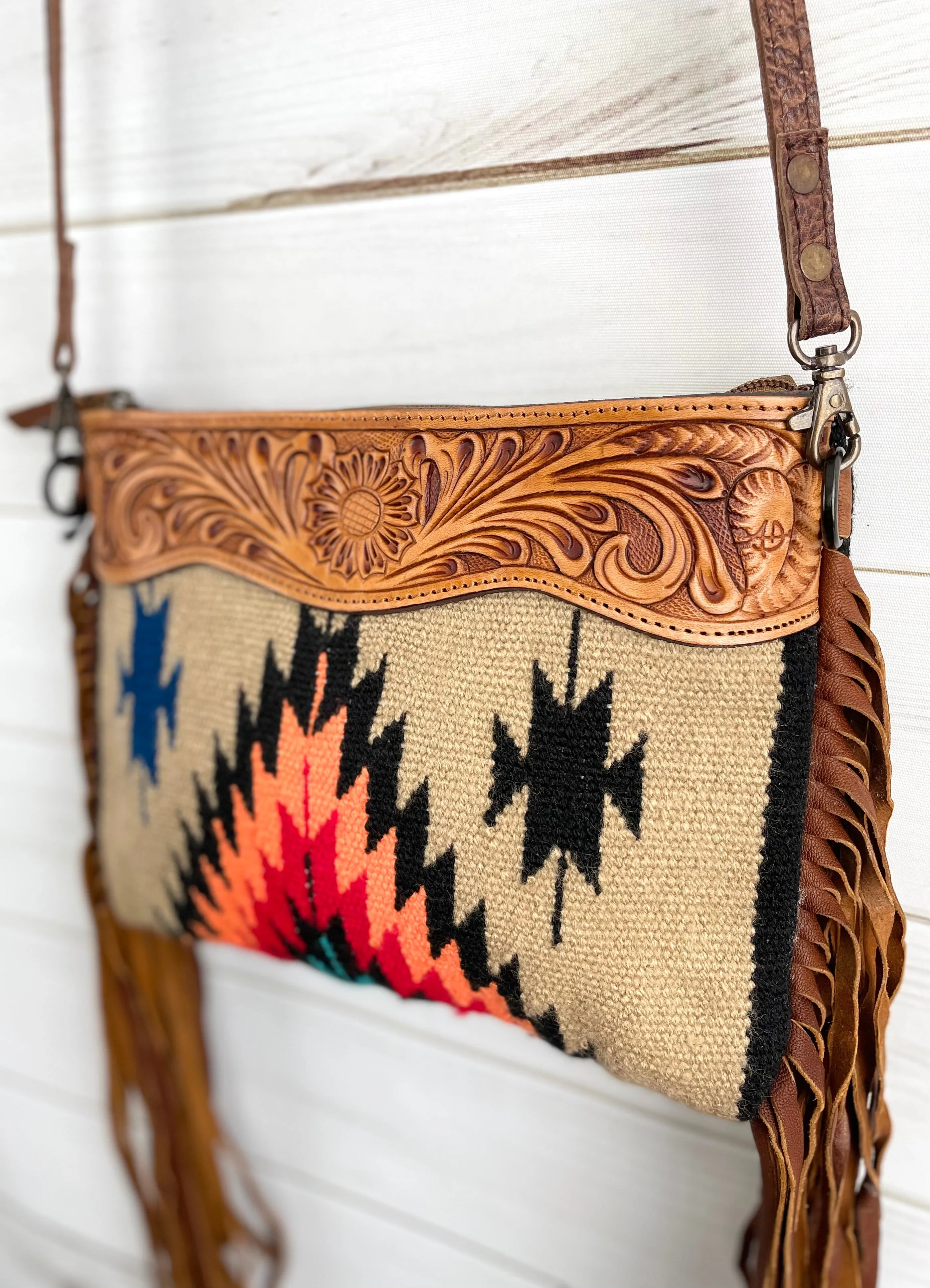 Desert Diamond Wool & Leather Tooled Fringe Medium Bag