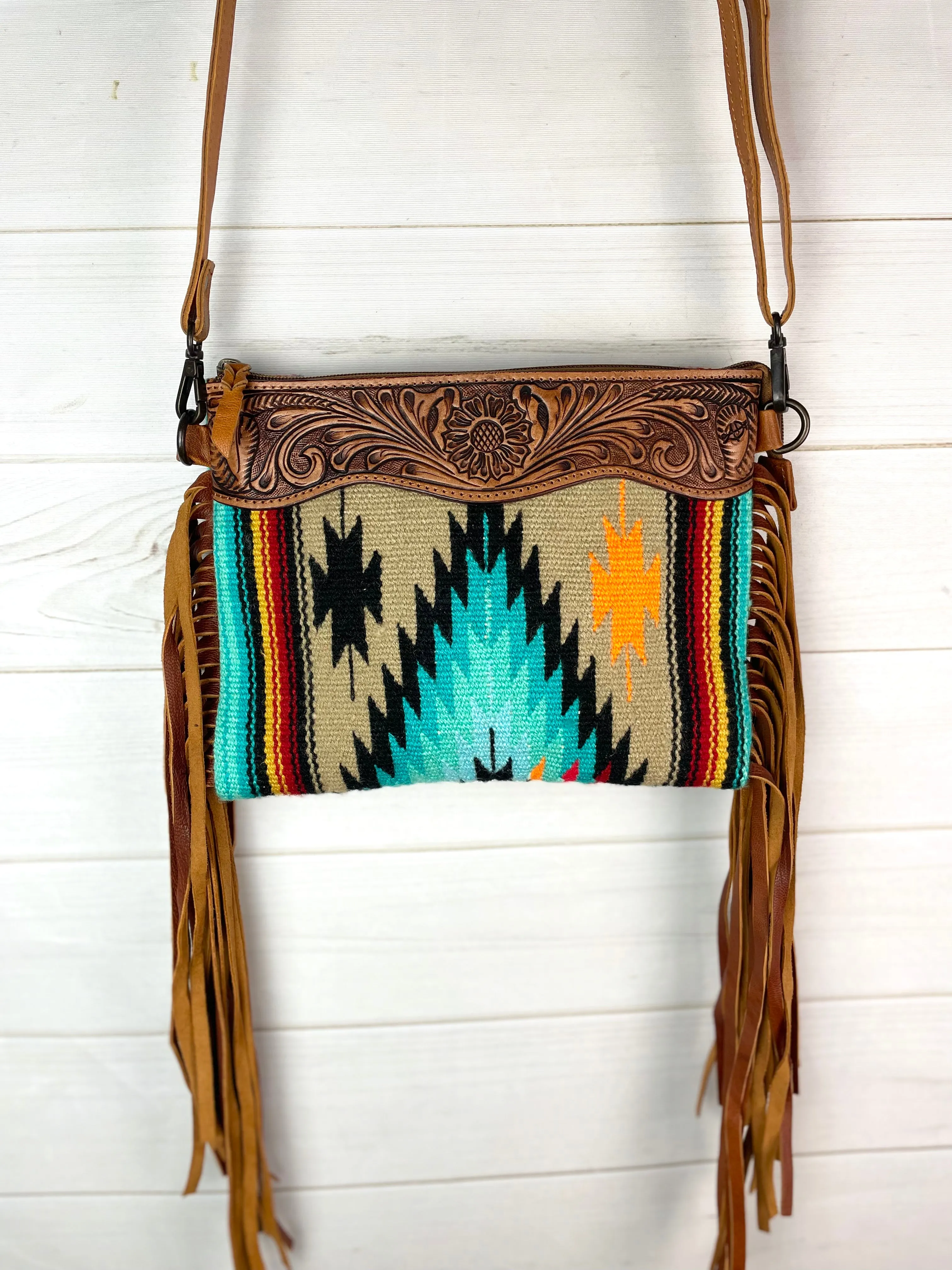 Desert Diamond Wool & Leather Tooled Fringe Medium Bag