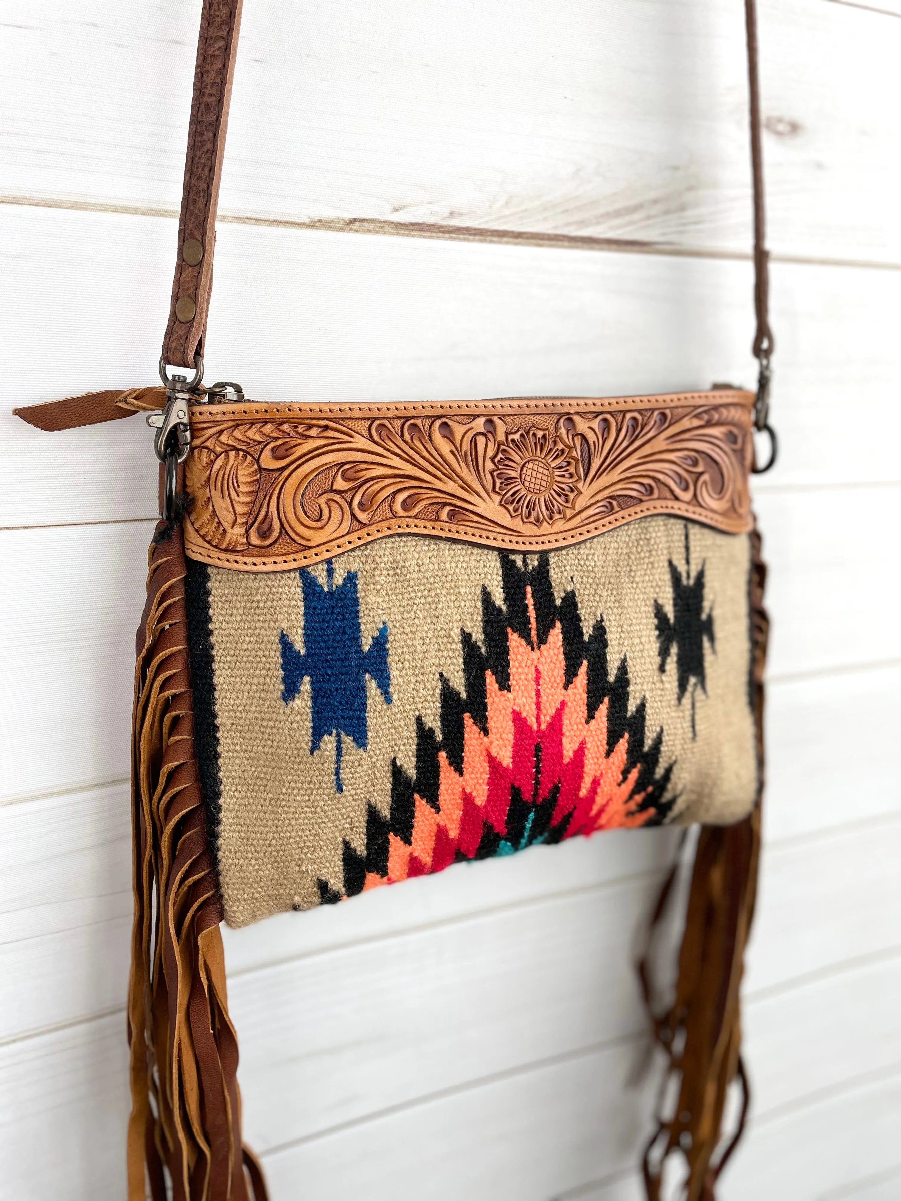 Desert Diamond Wool & Leather Tooled Fringe Medium Bag