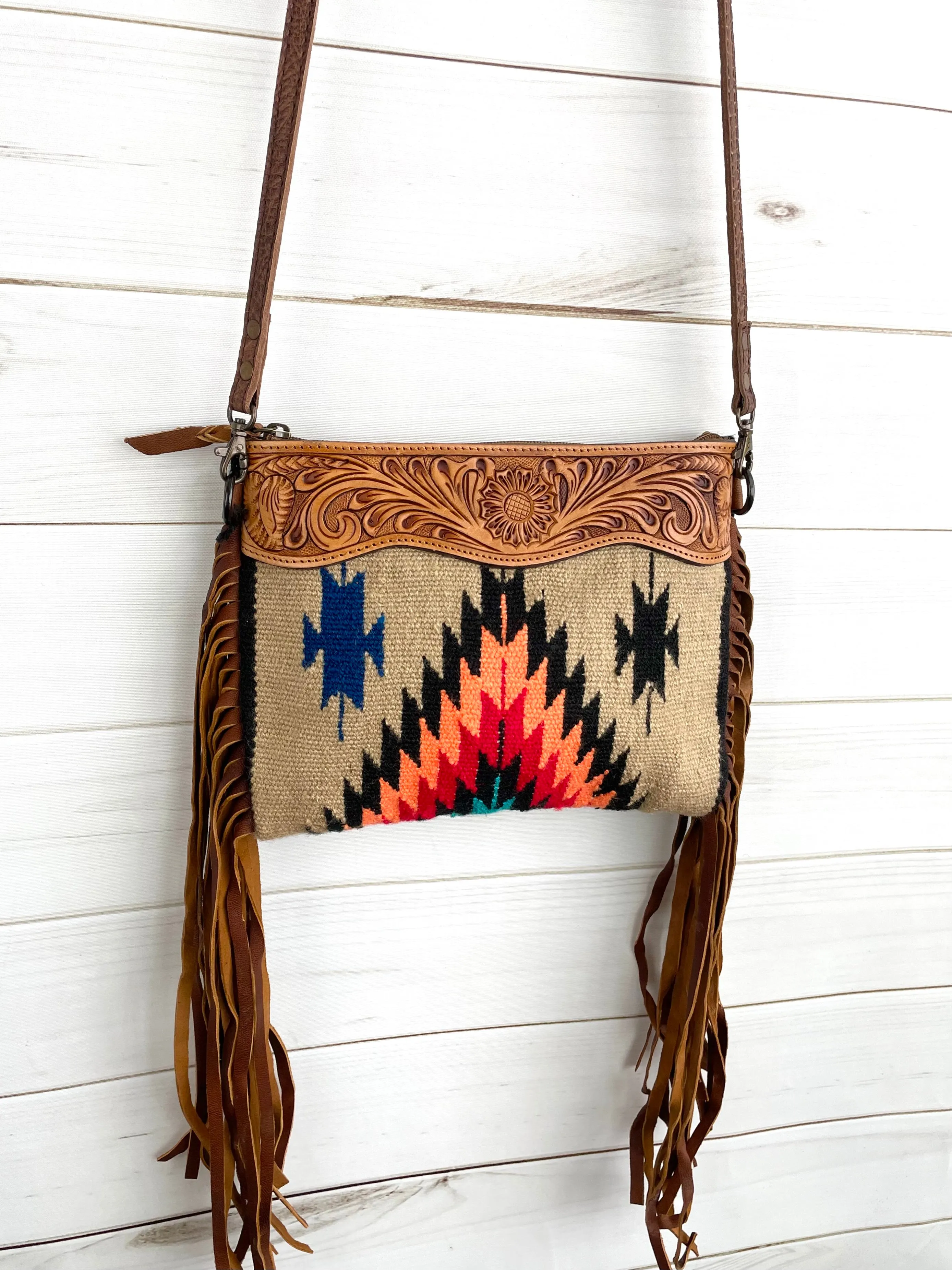 Desert Diamond Wool & Leather Tooled Fringe Medium Bag