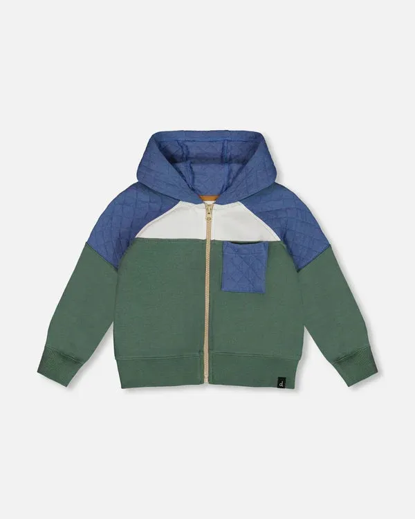 deux par deux Boys Full Zip Colorblock Hooded Fleece Sweatshirt - Forest Green