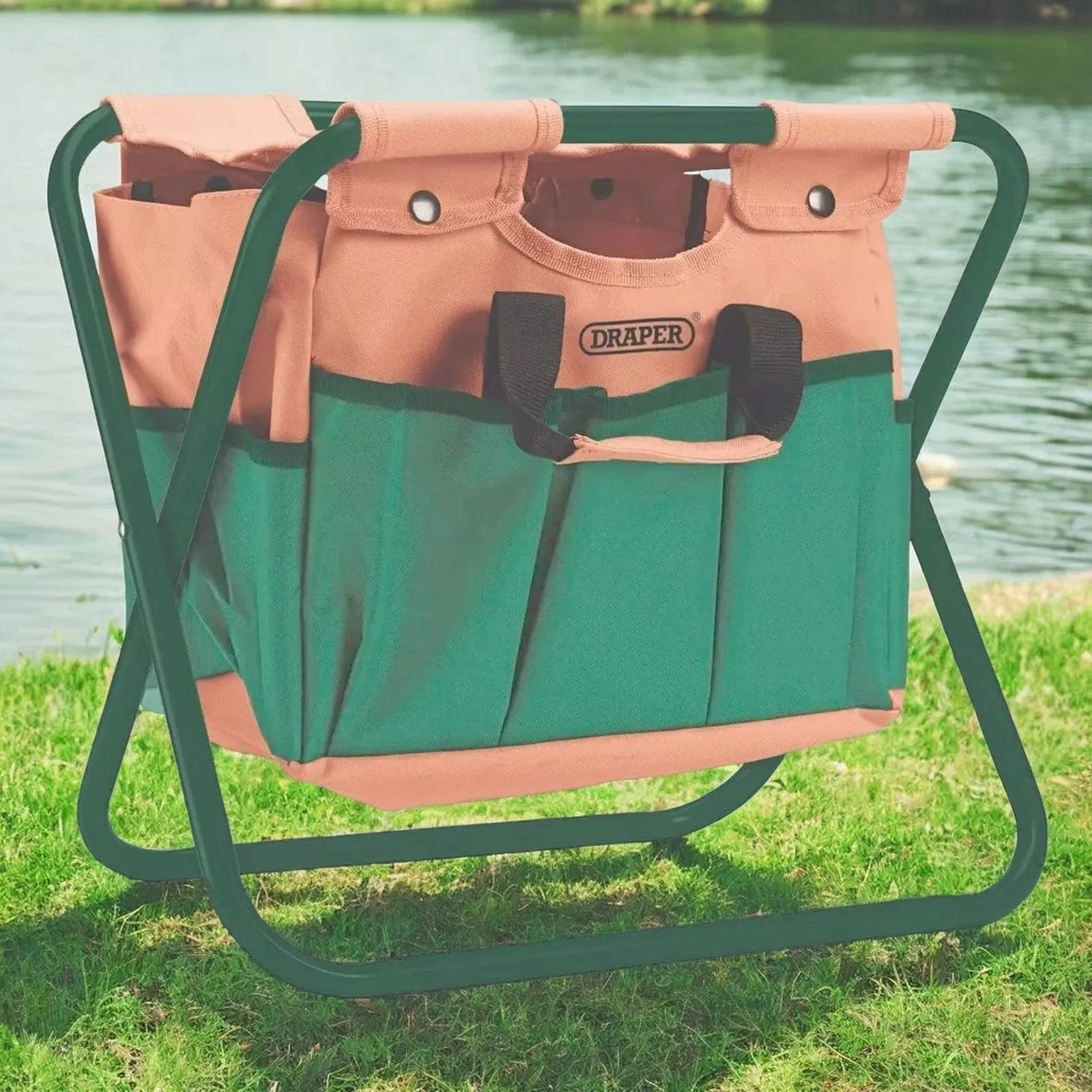 Draper 28052 Foldable Seat with Detachable 8 Pocket Tool Bag | Ideal for Camping Fishing or the Garden