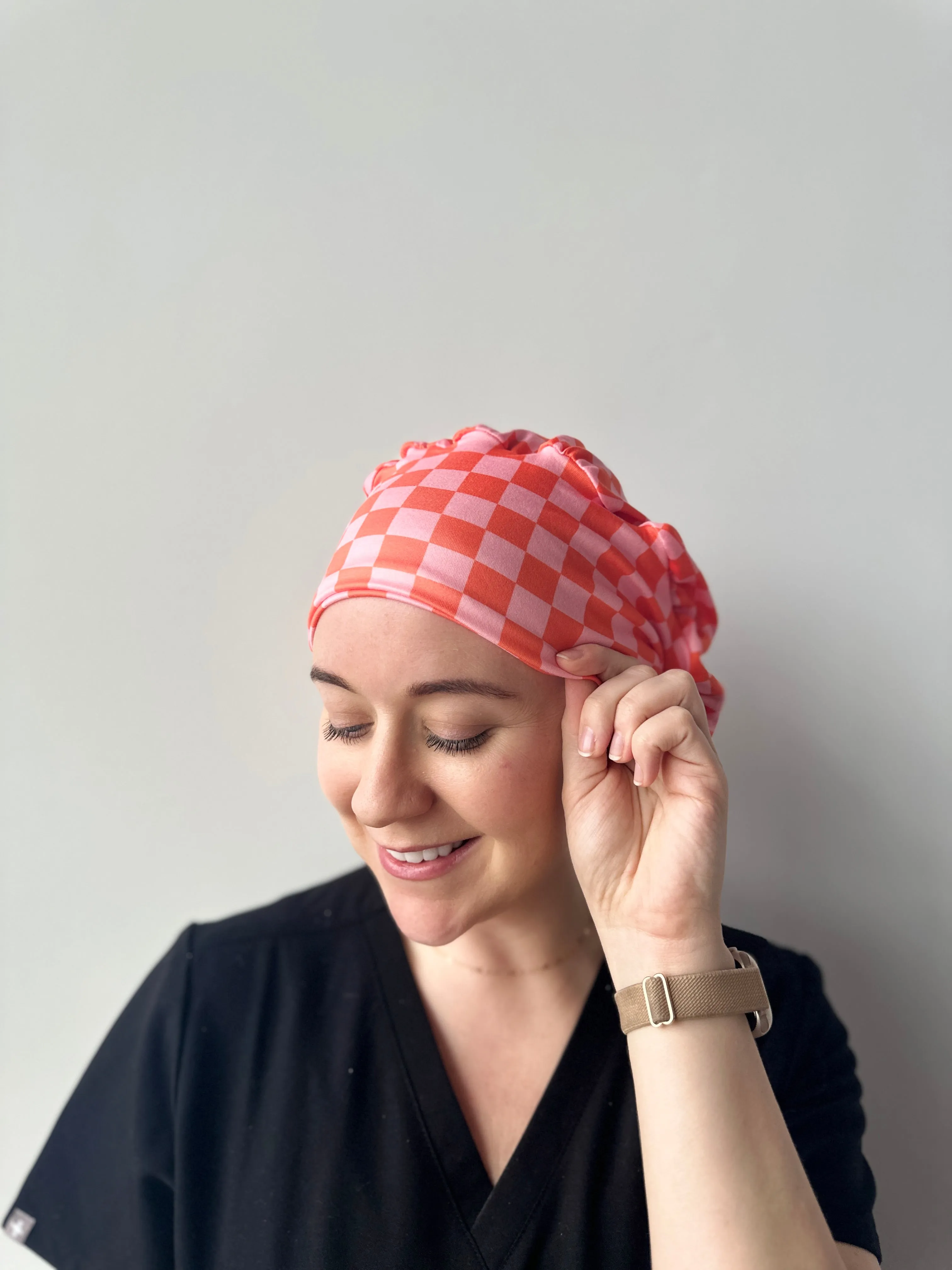 DuoStyle Scrub Hat - Pink and Orange Checker