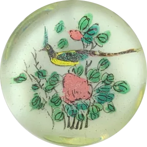 Early Chinese Art Glass Paperweight Hand Painted Black-Crested Bulbul Bird on White Ground
