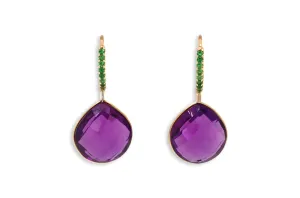 Earrings 18kt Gold Checker Board Amethyst Drops with Green Garnets