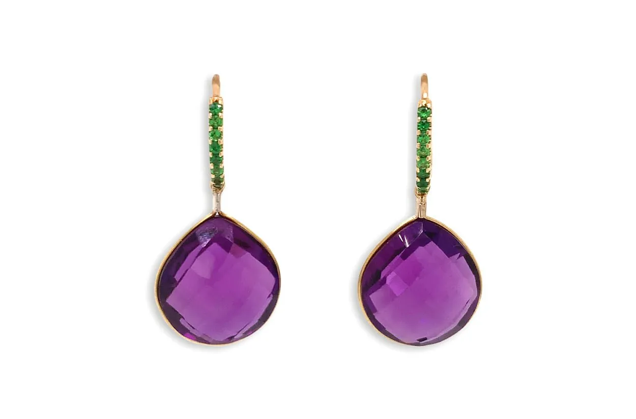 Earrings 18kt Gold Checker Board Amethyst Drops with Green Garnets