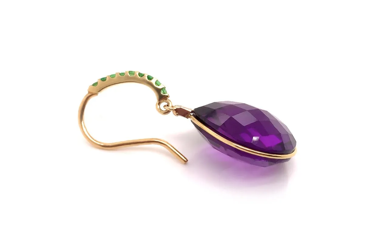 Earrings 18kt Gold Checker Board Amethyst Drops with Green Garnets