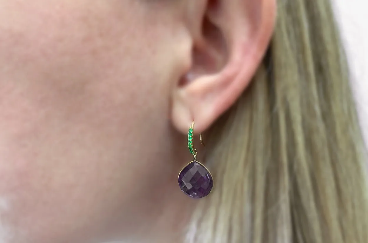 Earrings 18kt Gold Checker Board Amethyst Drops with Green Garnets