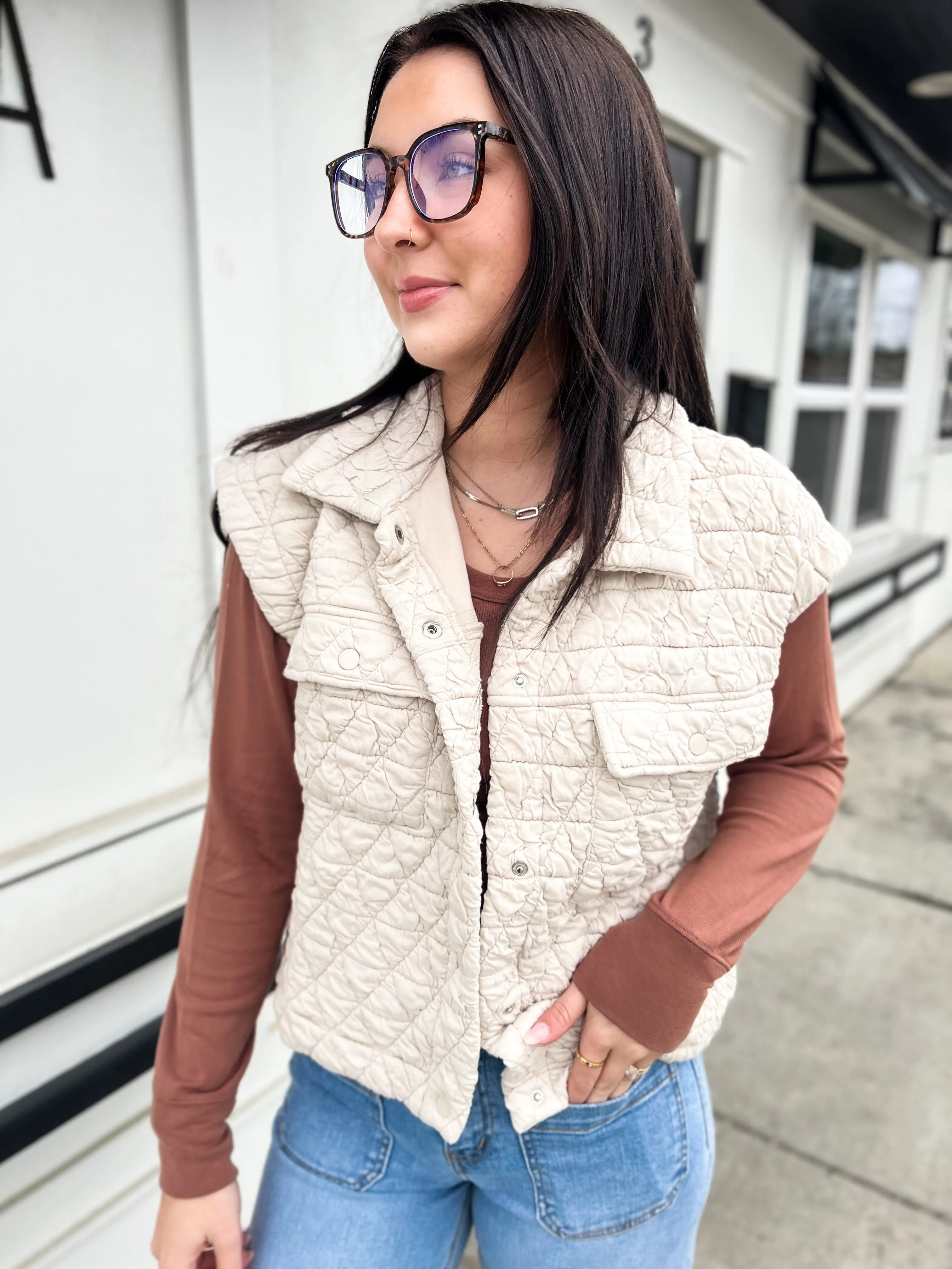 Ella Quilted Patch Pocket Vest- Oat
