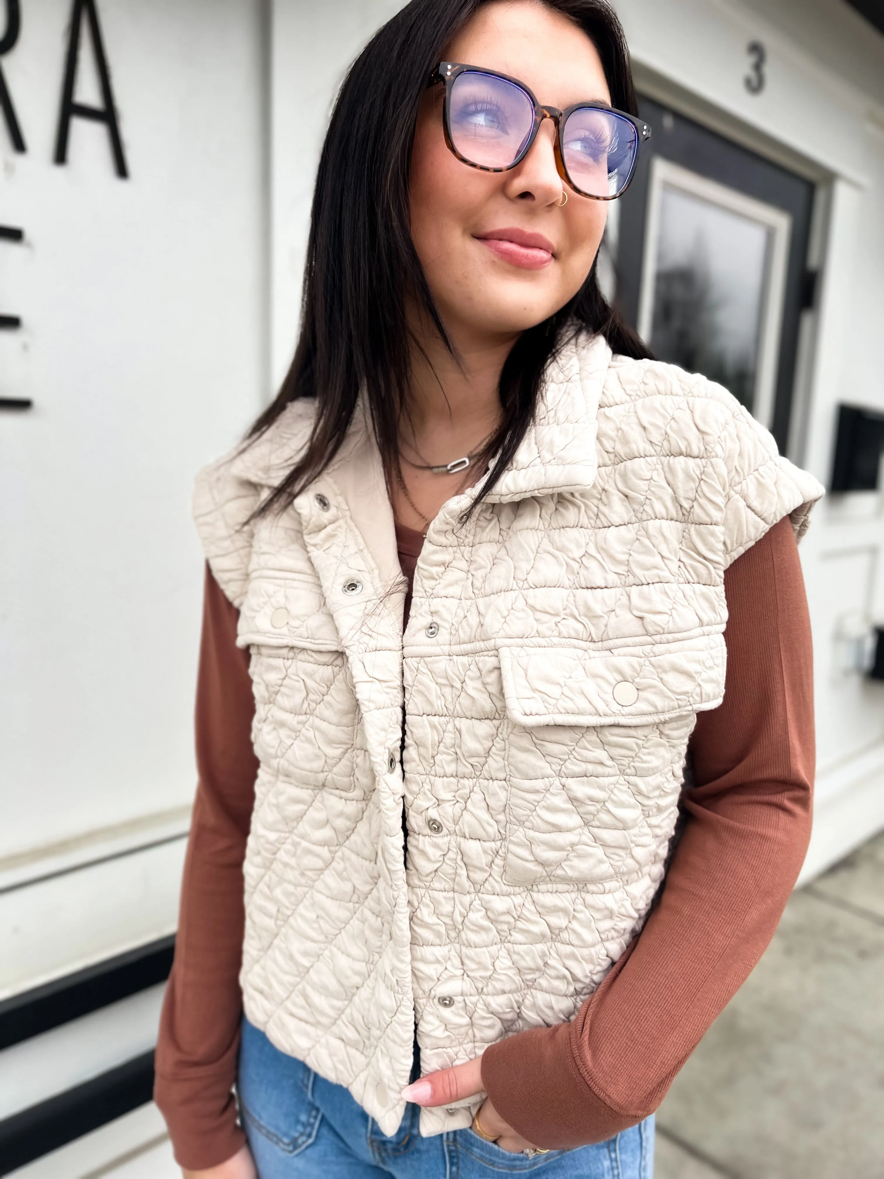 Ella Quilted Patch Pocket Vest- Oat