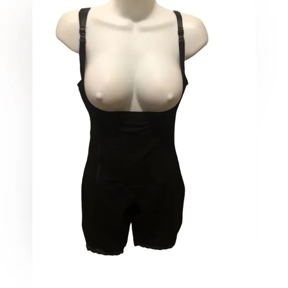 Everyday Mid Thigh Under Bust Bodysuit Sz. L Black Side Zip Medium Compression