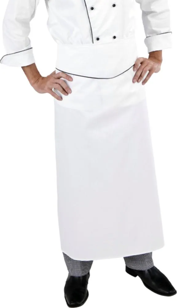 Extra Long White Executive Chef Waist Apron (Blue Trim)