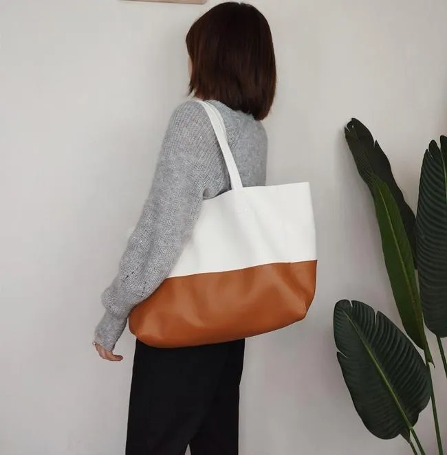 Fashion Womens White Brown Leather Oversize Tote Bag White Brown Shoulder Tote Bag Handbag Tote For Women