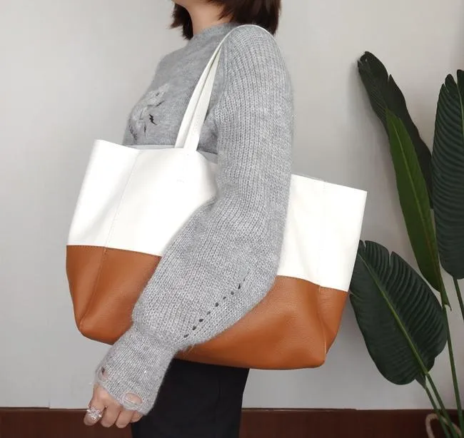 Fashion Womens White Brown Leather Oversize Tote Bag White Brown Shoulder Tote Bag Handbag Tote For Women