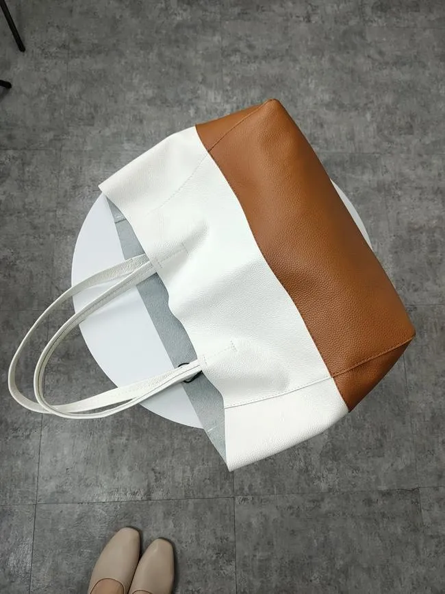 Fashion Womens White Brown Leather Oversize Tote Bag White Brown Shoulder Tote Bag Handbag Tote For Women