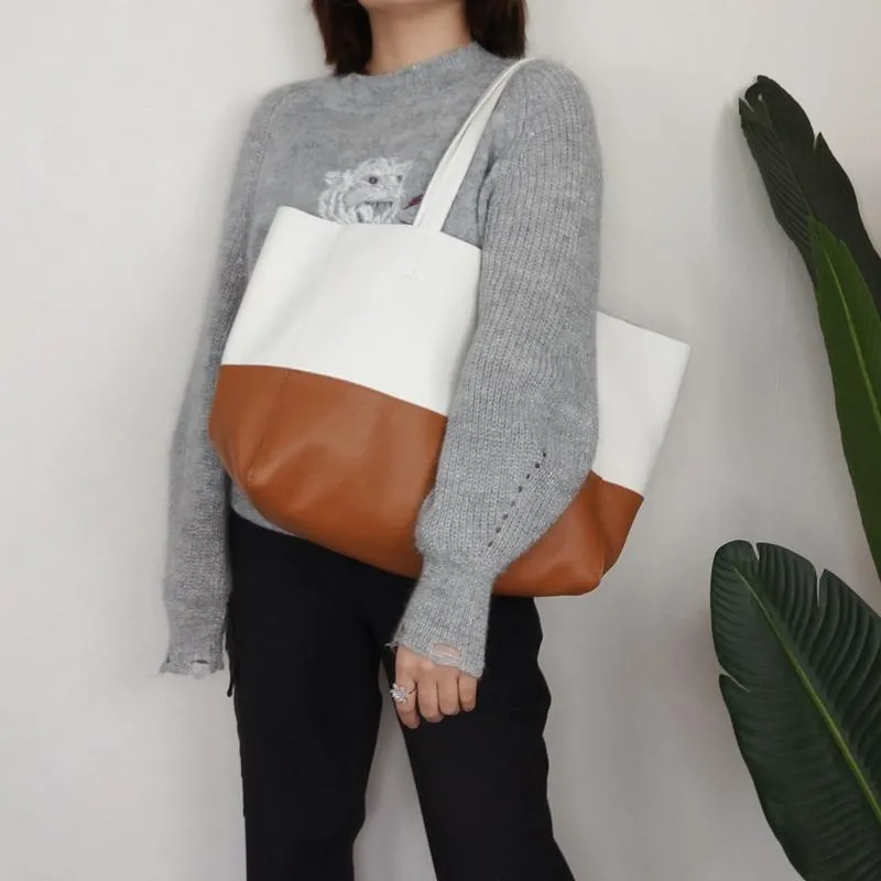 Fashion Womens White Brown Leather Oversize Tote Bag White Brown Shoulder Tote Bag Handbag Tote For Women