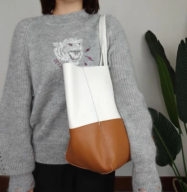 Fashion Womens White Brown Leather Oversize Tote Bag White Brown Shoulder Tote Bag Handbag Tote For Women