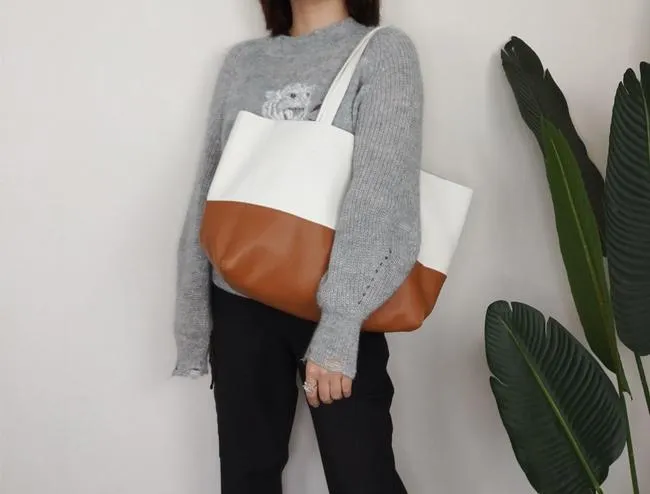 Fashion Womens White Brown Leather Oversize Tote Bag White Brown Shoulder Tote Bag Handbag Tote For Women
