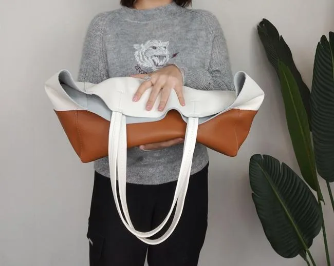 Fashion Womens White Brown Leather Oversize Tote Bag White Brown Shoulder Tote Bag Handbag Tote For Women