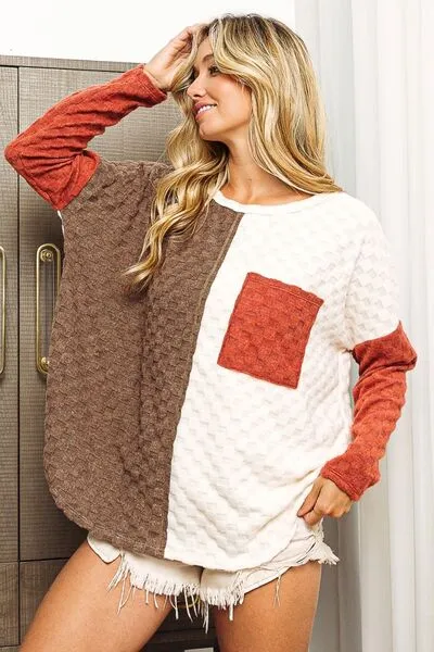 Fiona Color Block Brushed Checker Top