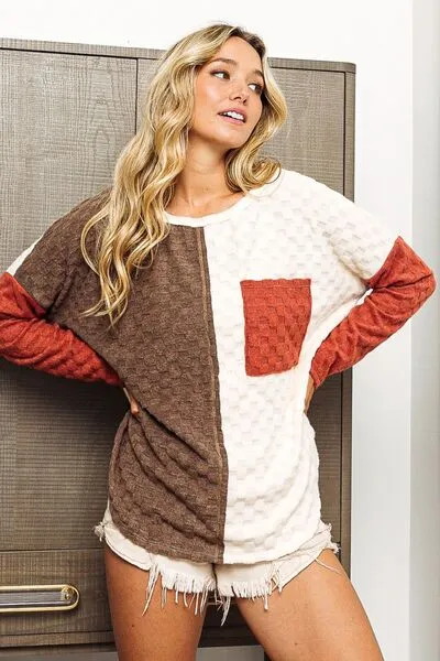 Fiona Color Block Brushed Checker Top