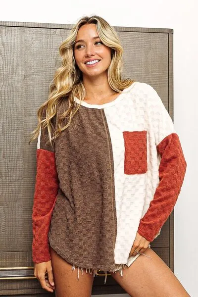 Fiona Color Block Brushed Checker Top