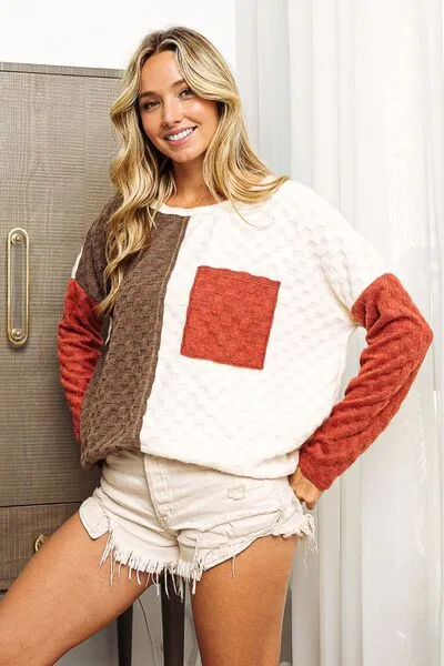 Fiona Color Block Brushed Checker Top