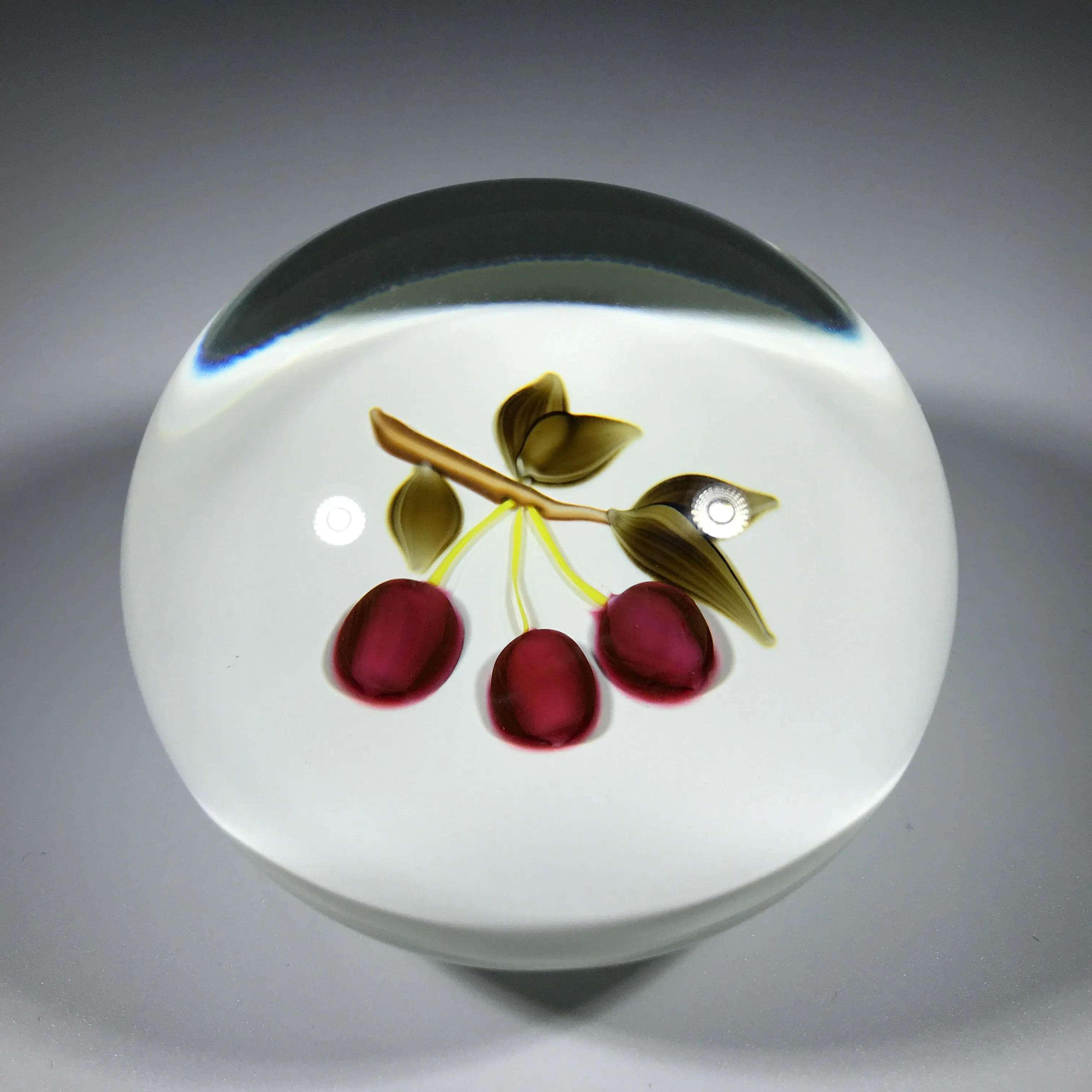 Francis Whittemore Art Glass Paperweight Lampwork Cherries on Sodden White Snow Ground