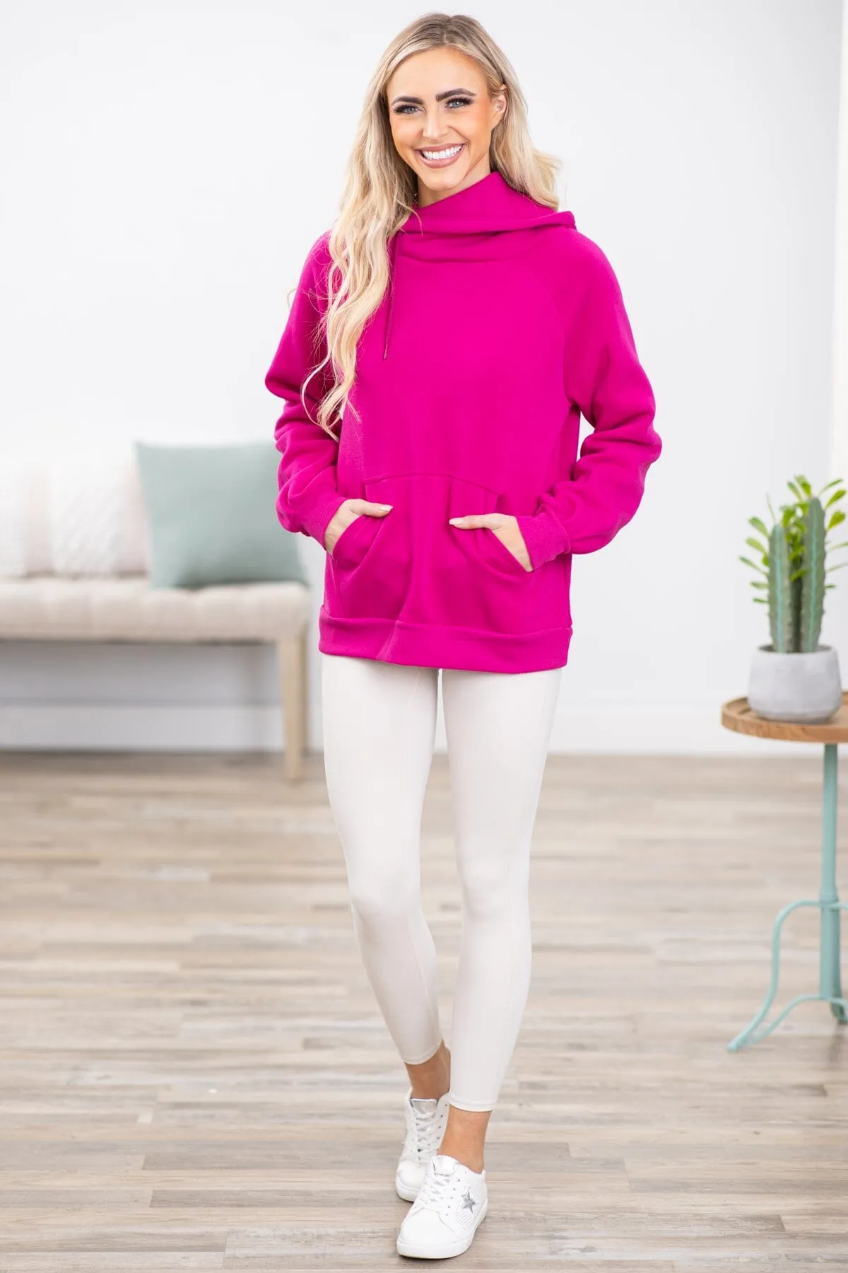 Fuchsia Asymmetrical Drawstring Hoodie