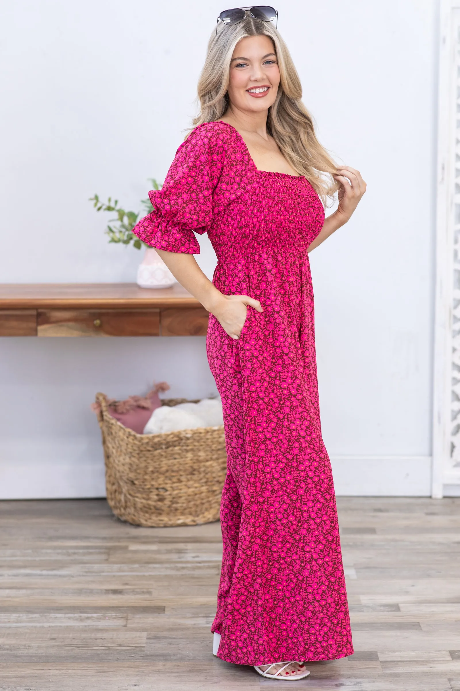 Fuchsia Floral Smocked Wide Leg Jumpsuit