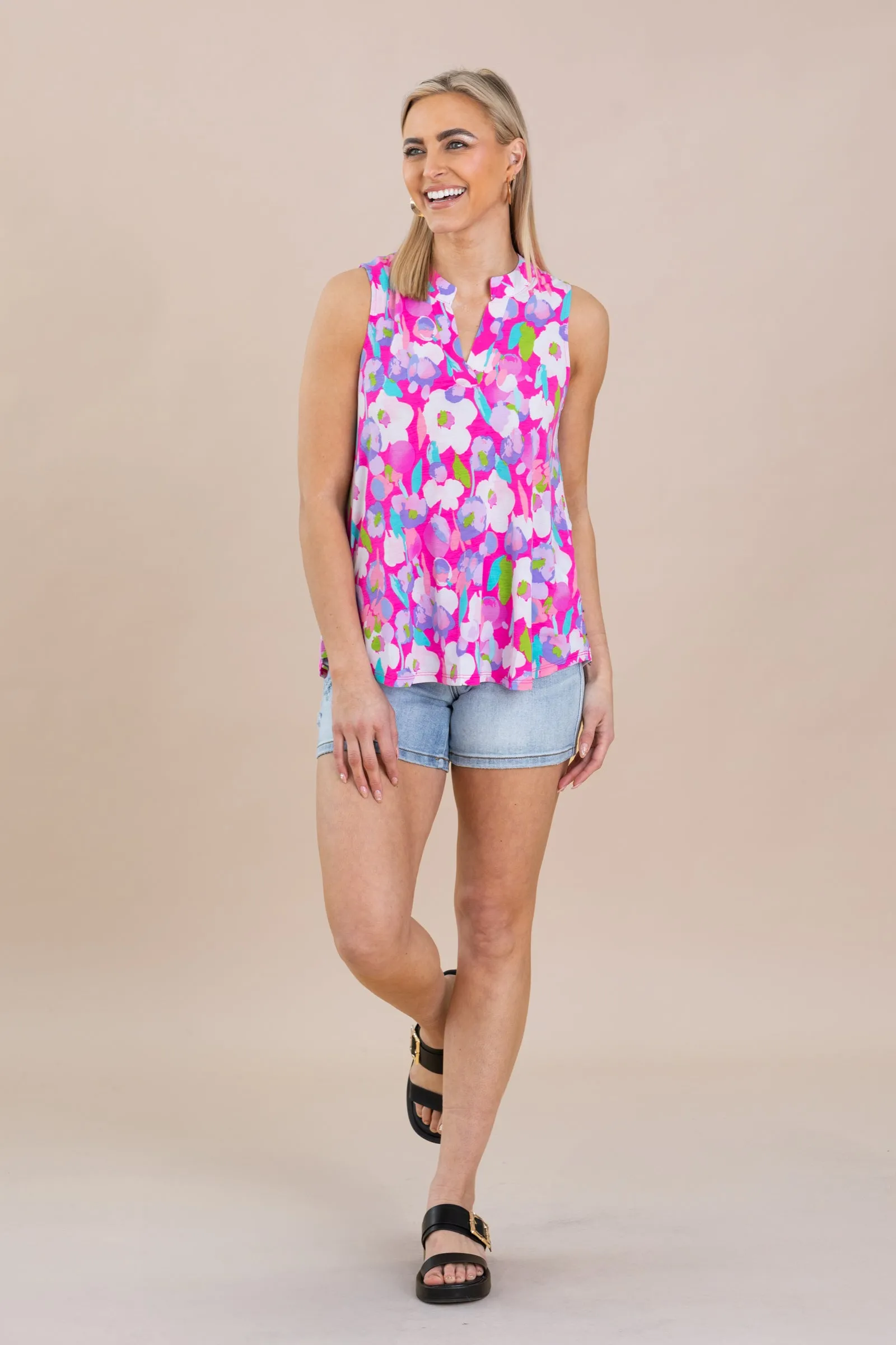 Fuchsia Floral V-Neck Wrinkle Free Lizzy Top