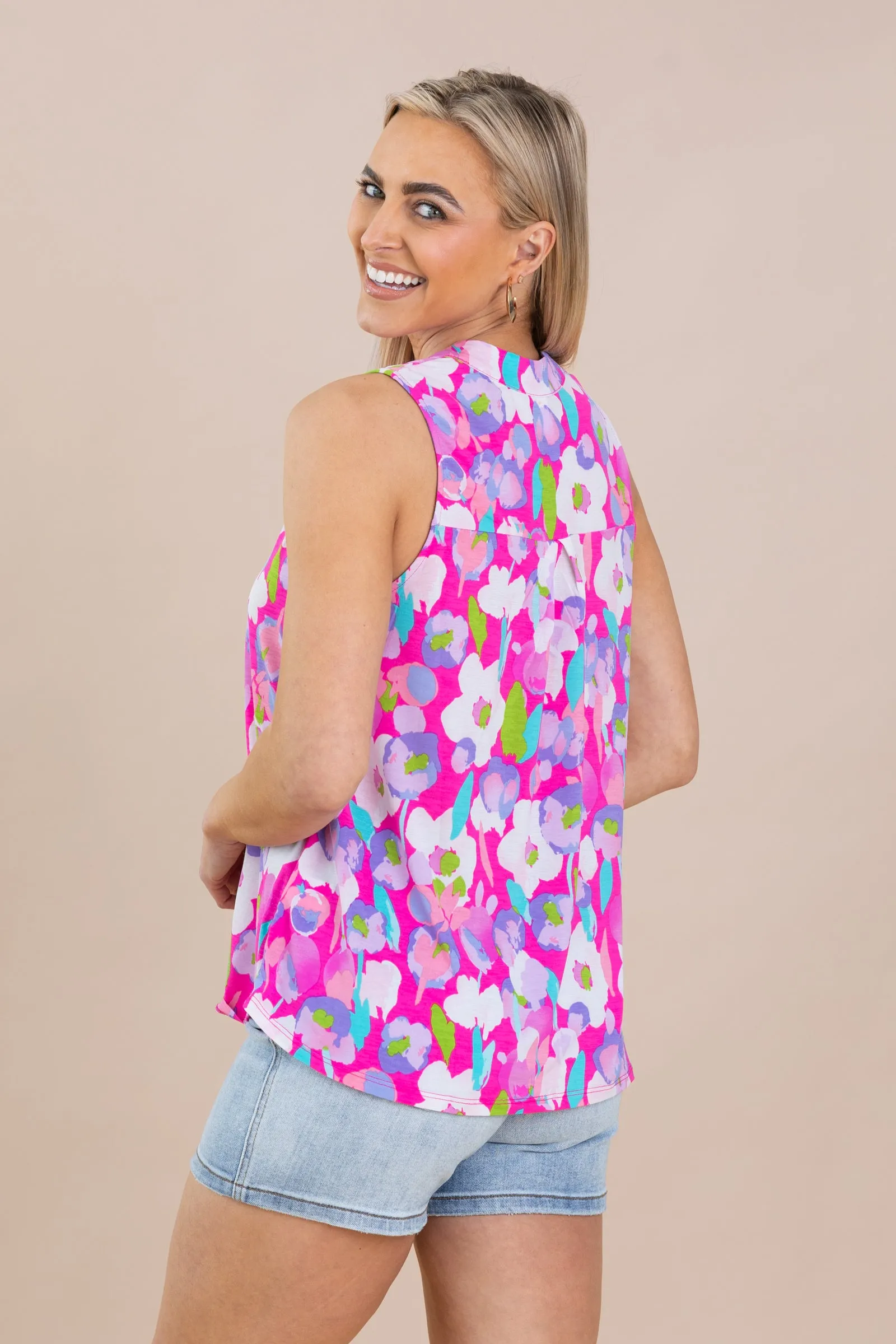 Fuchsia Floral V-Neck Wrinkle Free Lizzy Top