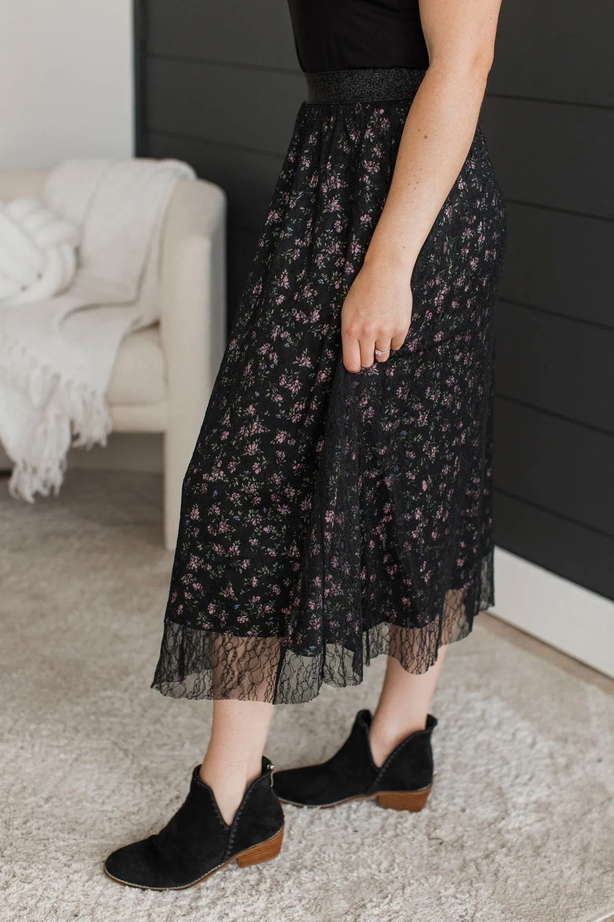 Fulfill Your Life Floral & Lace Midi Skirt- Black