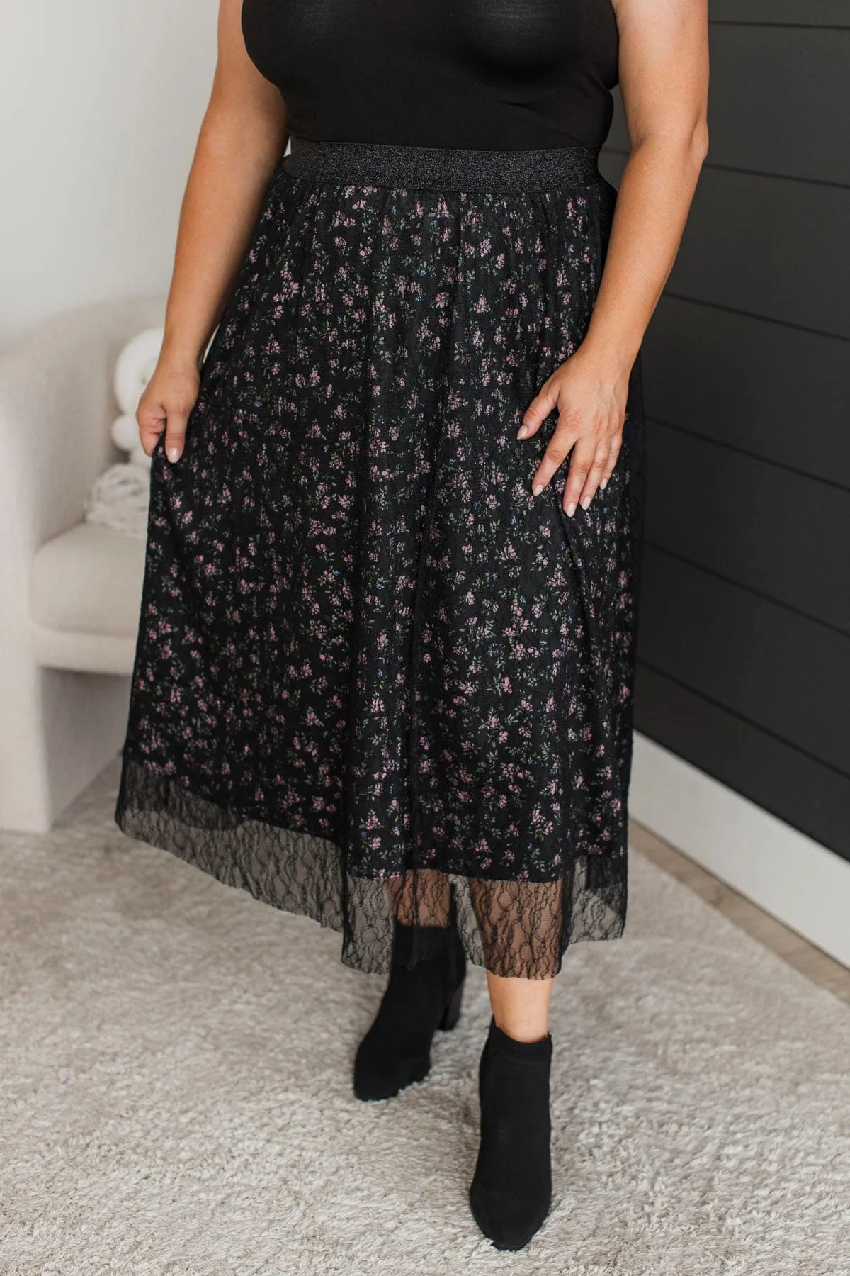 Fulfill Your Life Floral & Lace Midi Skirt- Black