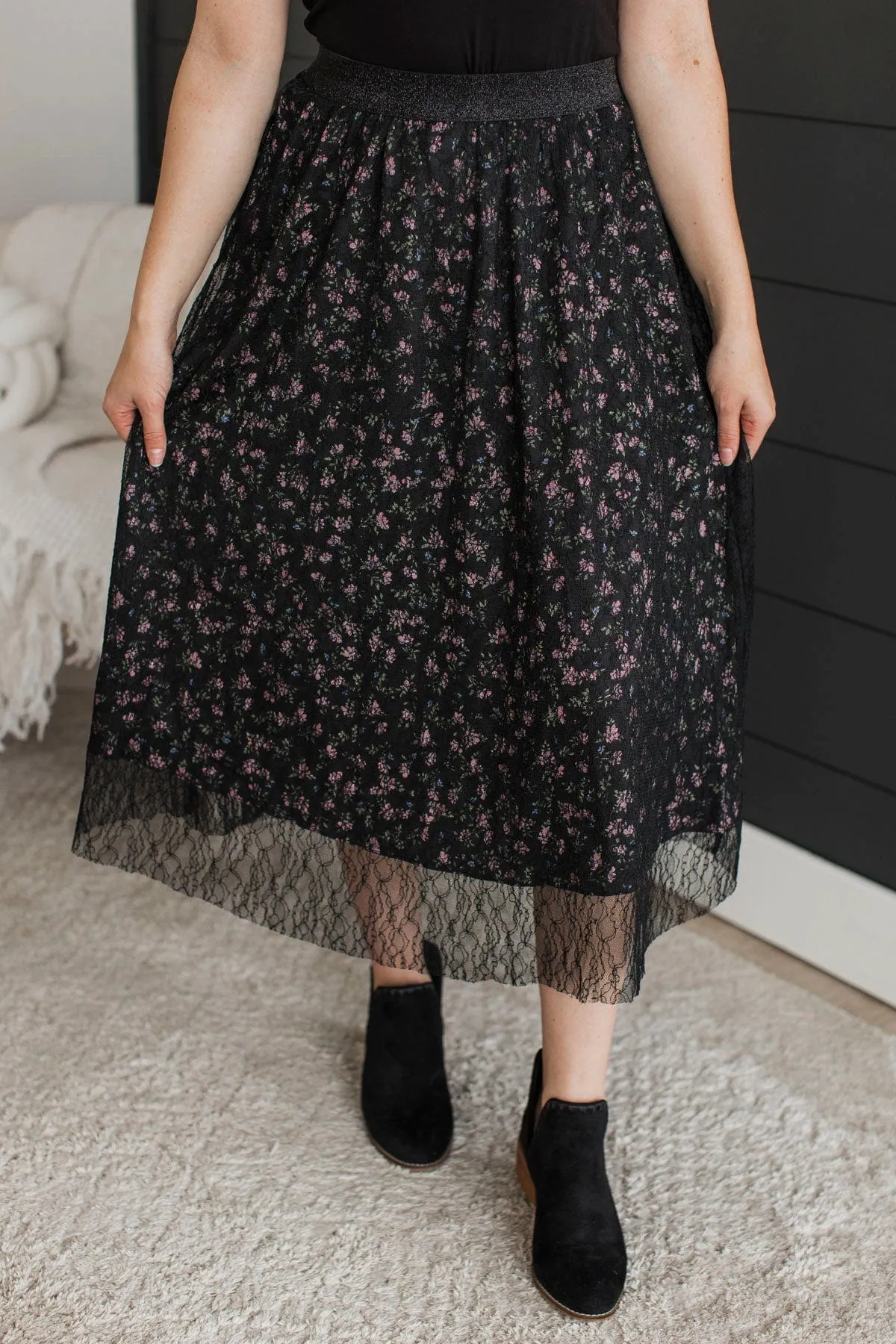 Fulfill Your Life Floral & Lace Midi Skirt- Black
