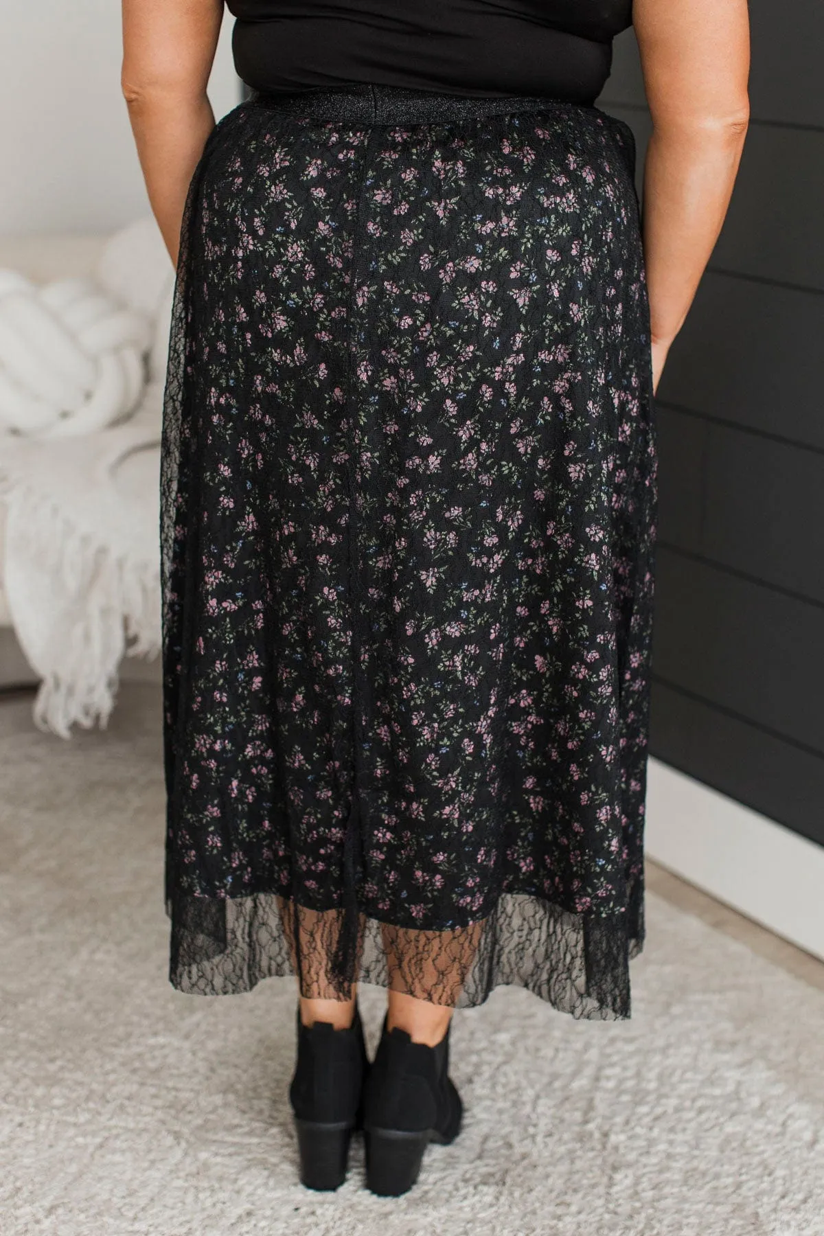 Fulfill Your Life Floral & Lace Midi Skirt- Black